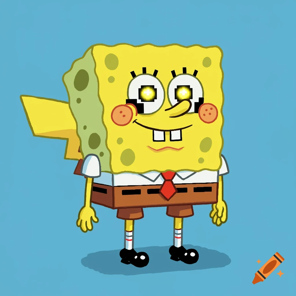 Pixelated SpongeBob SquarePants character with Pikachu's electric eyes.