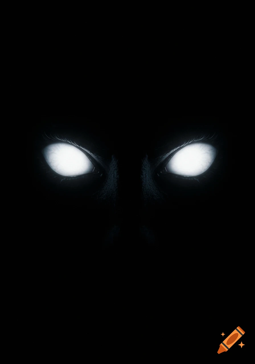Glowing white eyes look out from a dark background