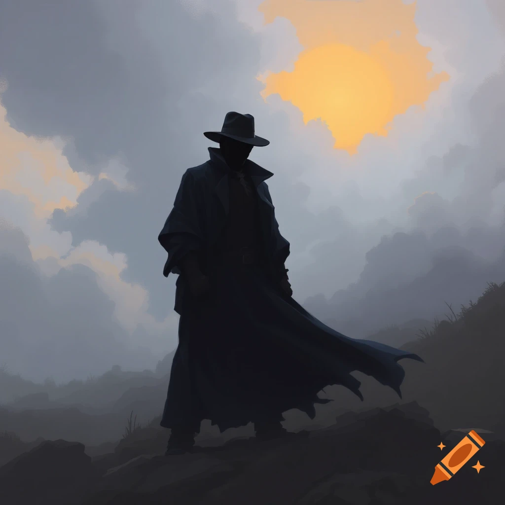Silhouette of a person in a trench coat and fedora standing on a hill, looking at a sunset in a cloudy sky.