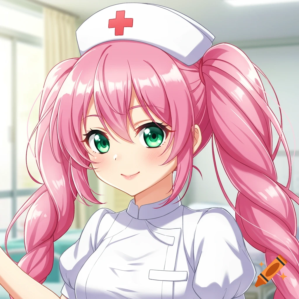 Close-up anime portrait of a smiling nurse with pink hair in pigtails and a white uniform.