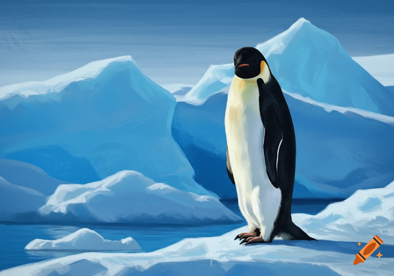 An emperor penguin stands on ice with icebergs in the background.