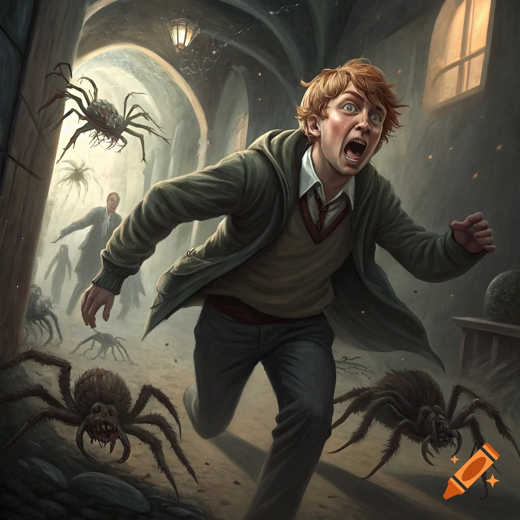 Red-haired man runs in terror from giant spiders in a dark hallway.