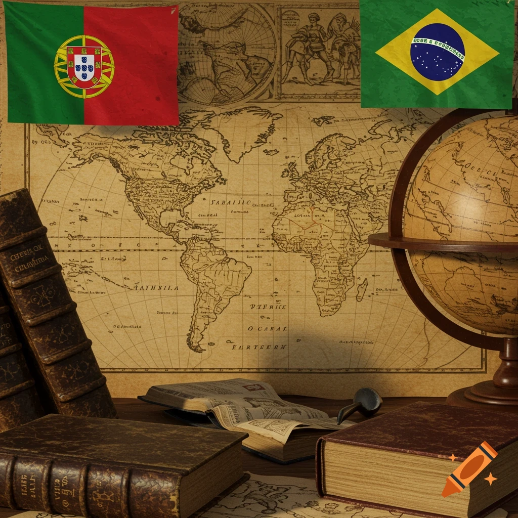 An antique world map with the flags of Portugal and Brazil above, alongside old books and a globe.