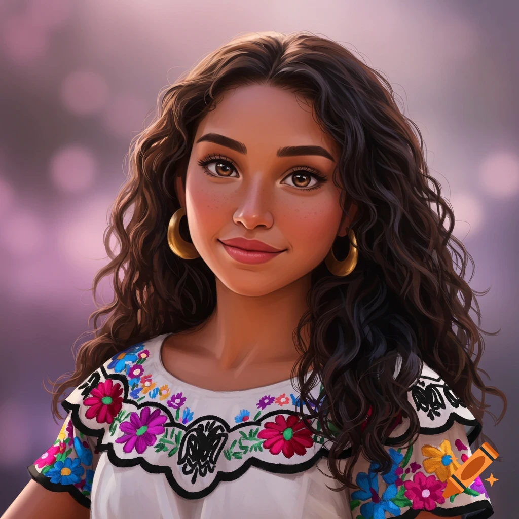 A smiling Latina woman with curly hair and hoop earrings wearing an embroidered blouse.