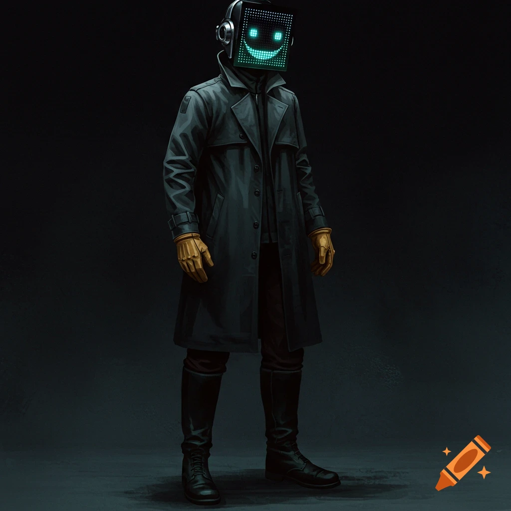 A figure in a black trench coat, gloves, and headphones, wearing a pixelated LED mask displaying a green smiley face.