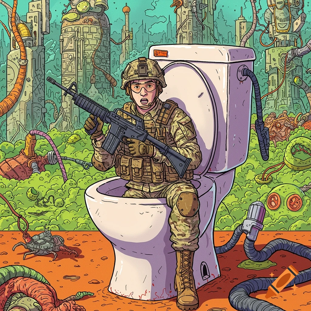 Digital illustration of a soldier in uniform sitting on a toilet holding a rifle in a surreal, green sci-fi landscape.