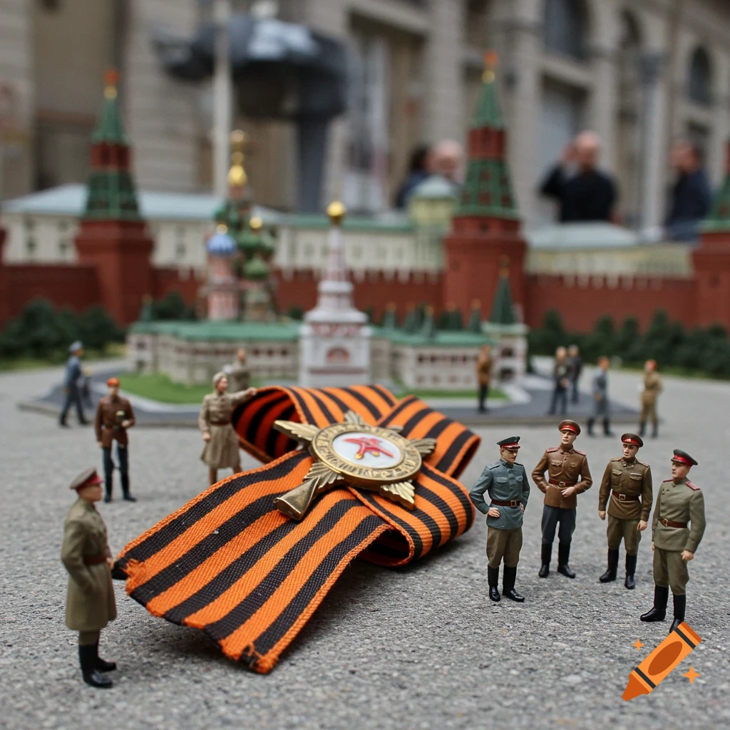 Photograph of miniature soldiers gathered around a St. George ribbon and medal, with a miniature Moscow Kremlin in the background.