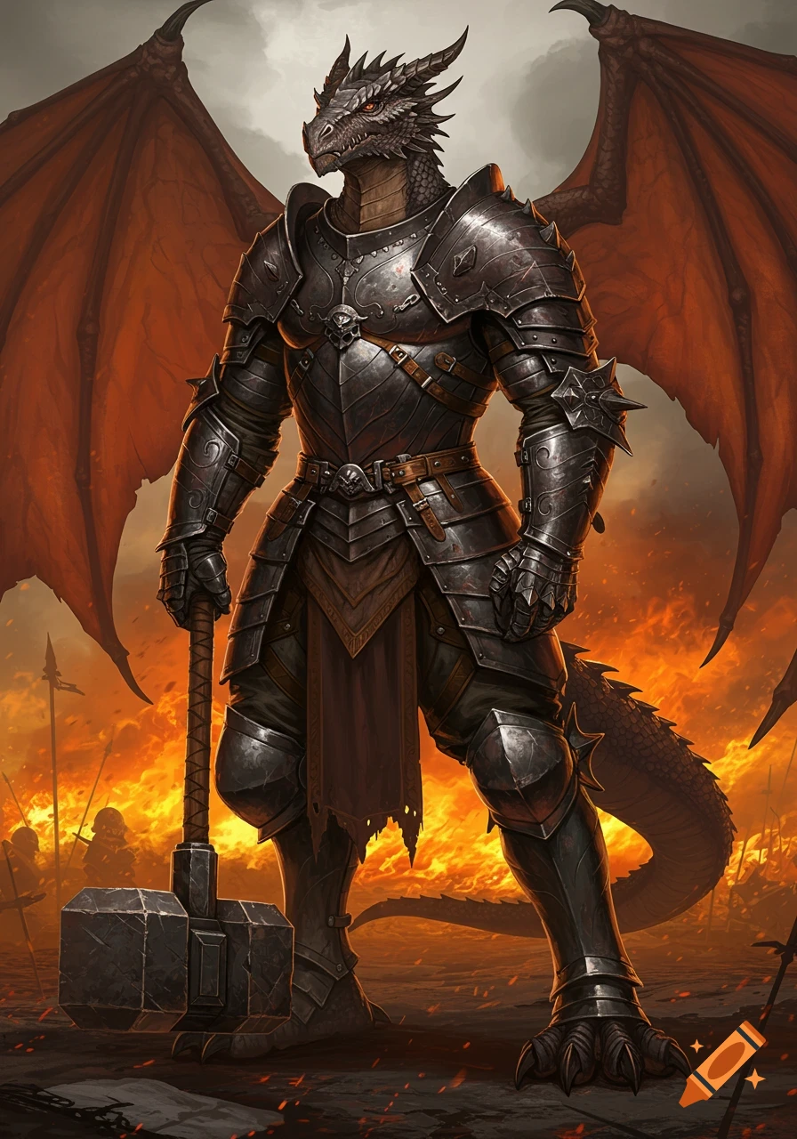 A dragon-man in plate armor holding a large hammer in a fiery battle scene.