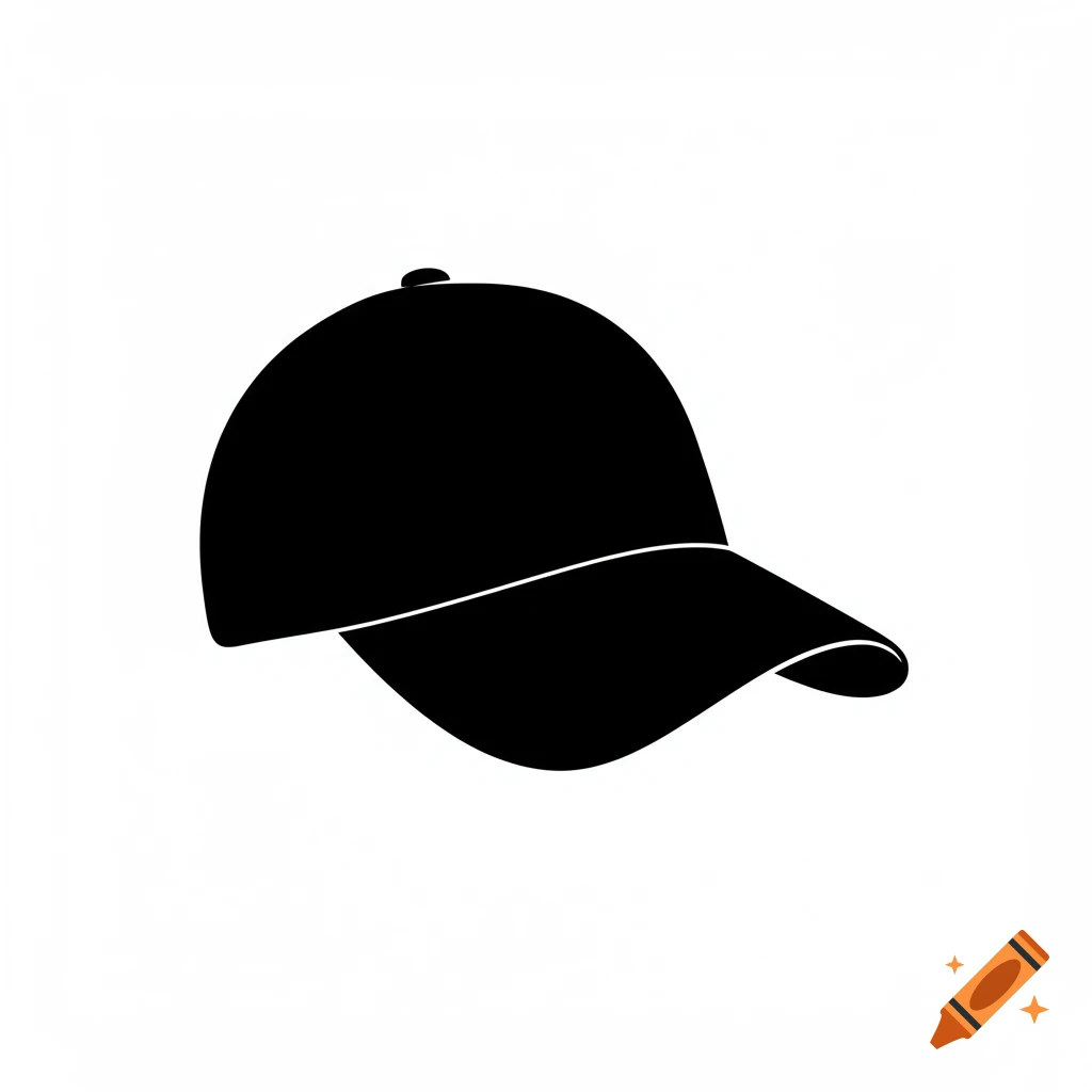 A black silhouette of a baseball cap on a white background.