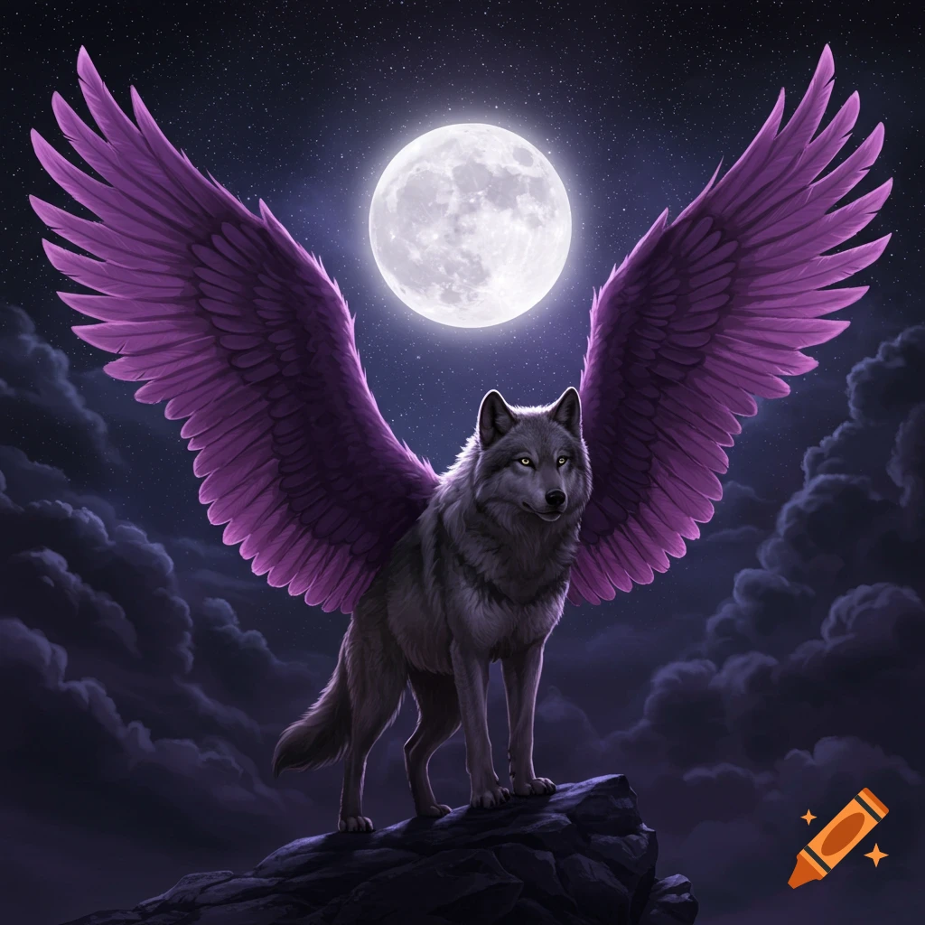 A wolf with purple wings is standing on rocks under a full moon and starry night sky.