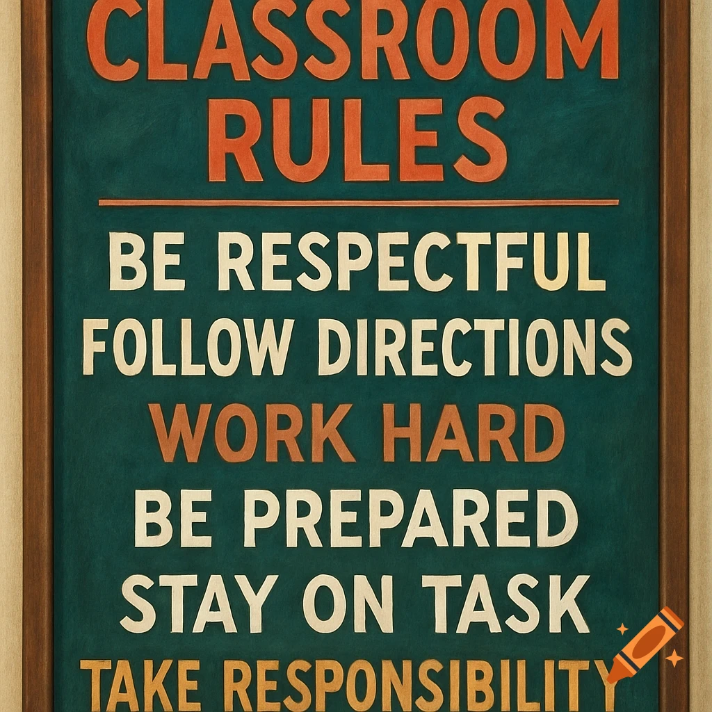 Chalkboard listing classroom rules in orange and white text.
