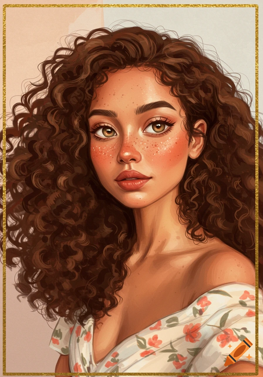 Digital portrait of a woman with curly brown hair, freckles, and hazel eyes.