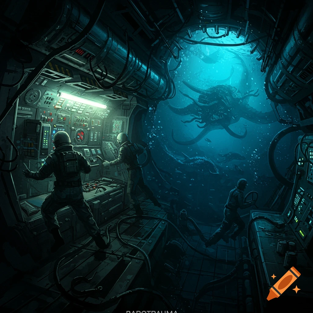 People in a submarine looking at a giant sea monster through a window.