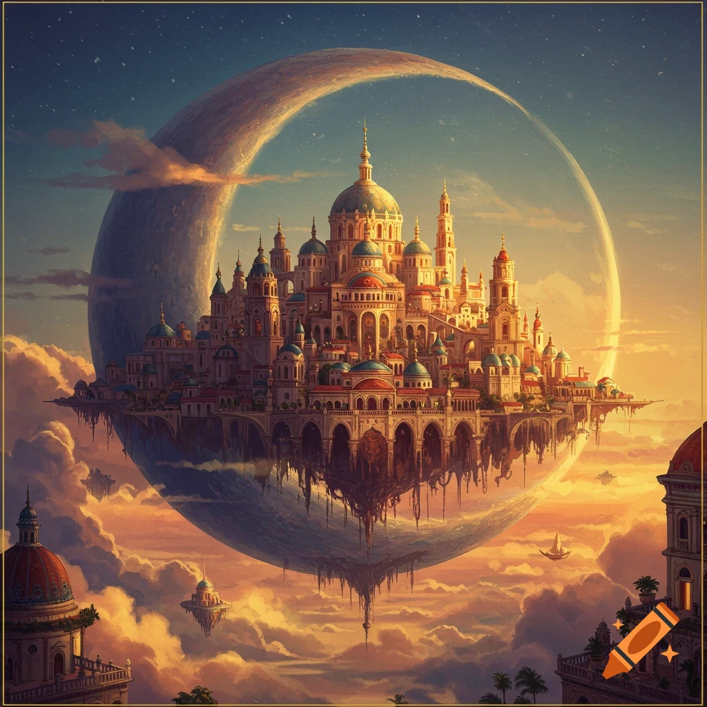 A baroque fantasy city on a floating island inside a crescent moon in the sky.