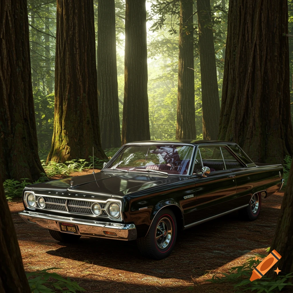 A black 1966 Belvedere car in a redwood forest.