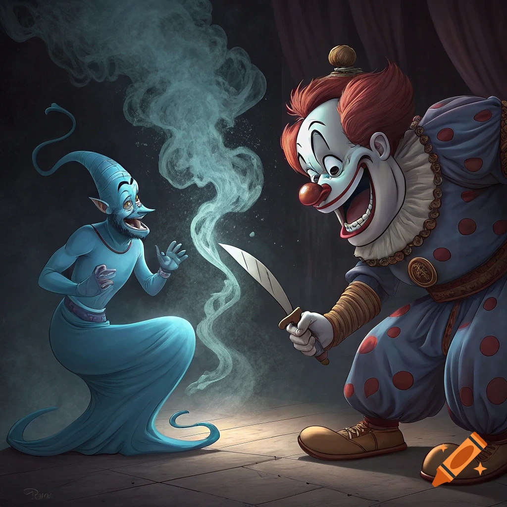 A cartoon-style blue genie looks surprised as a scary clown with a large smile and polka-dot suit approaches with a knife.