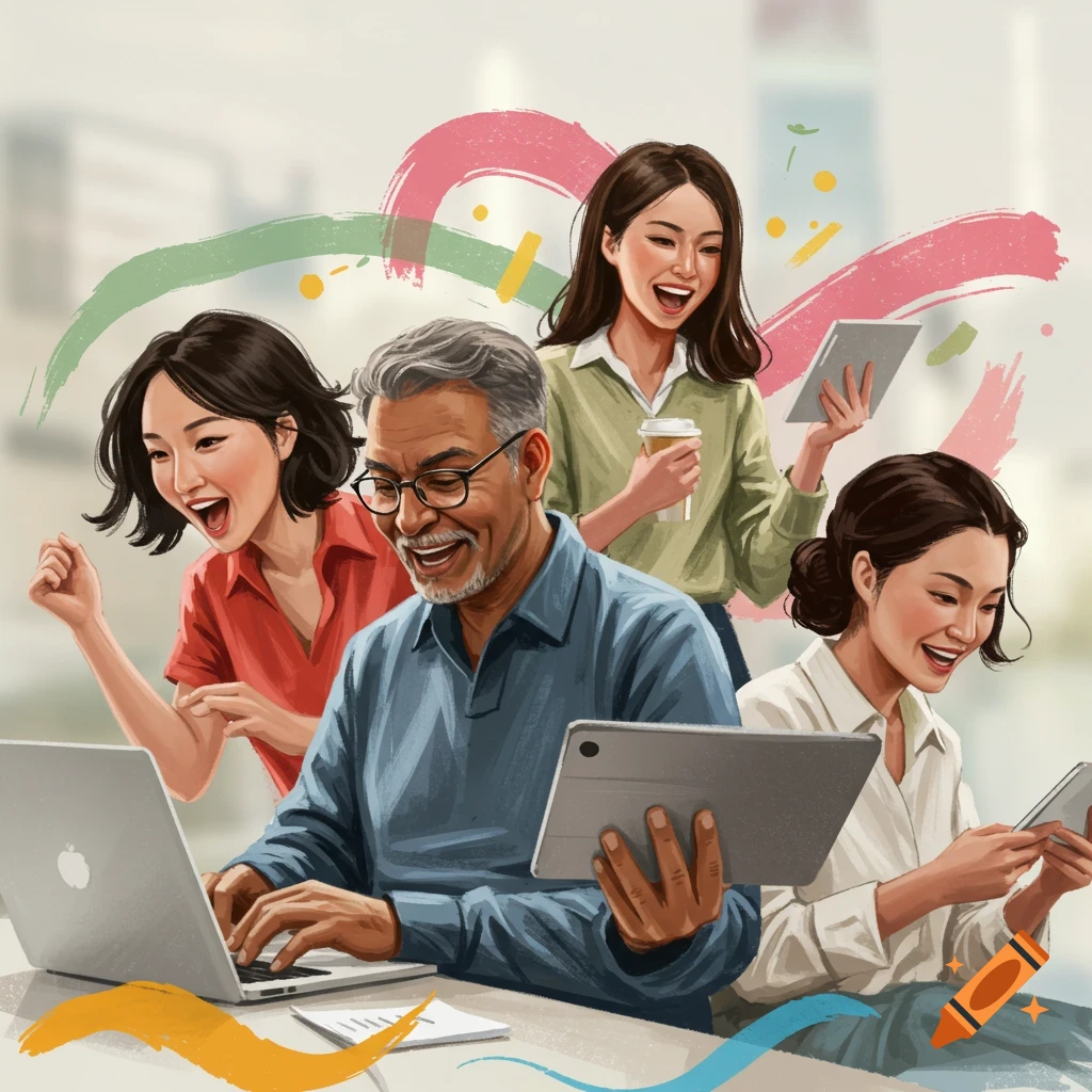 Diverse group of people happily using laptop and tablets.