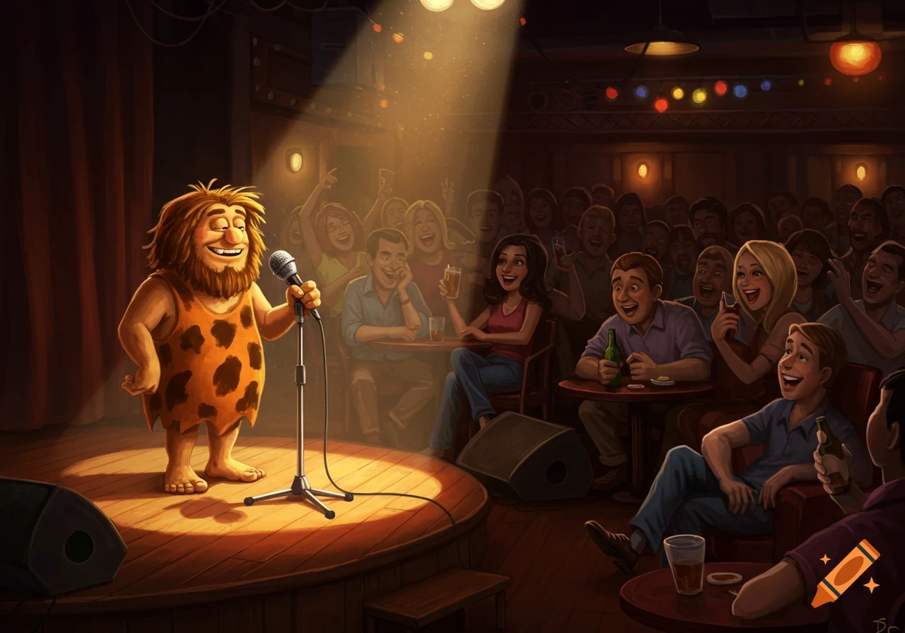 A caveman doing standup comedy on stage in front of a laughing audience.