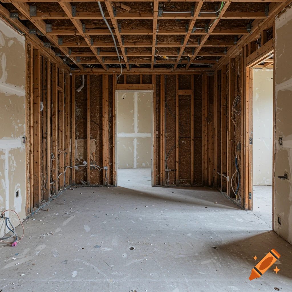 Interior view of a room under construction with exposed wooden studs and ceiling joists.