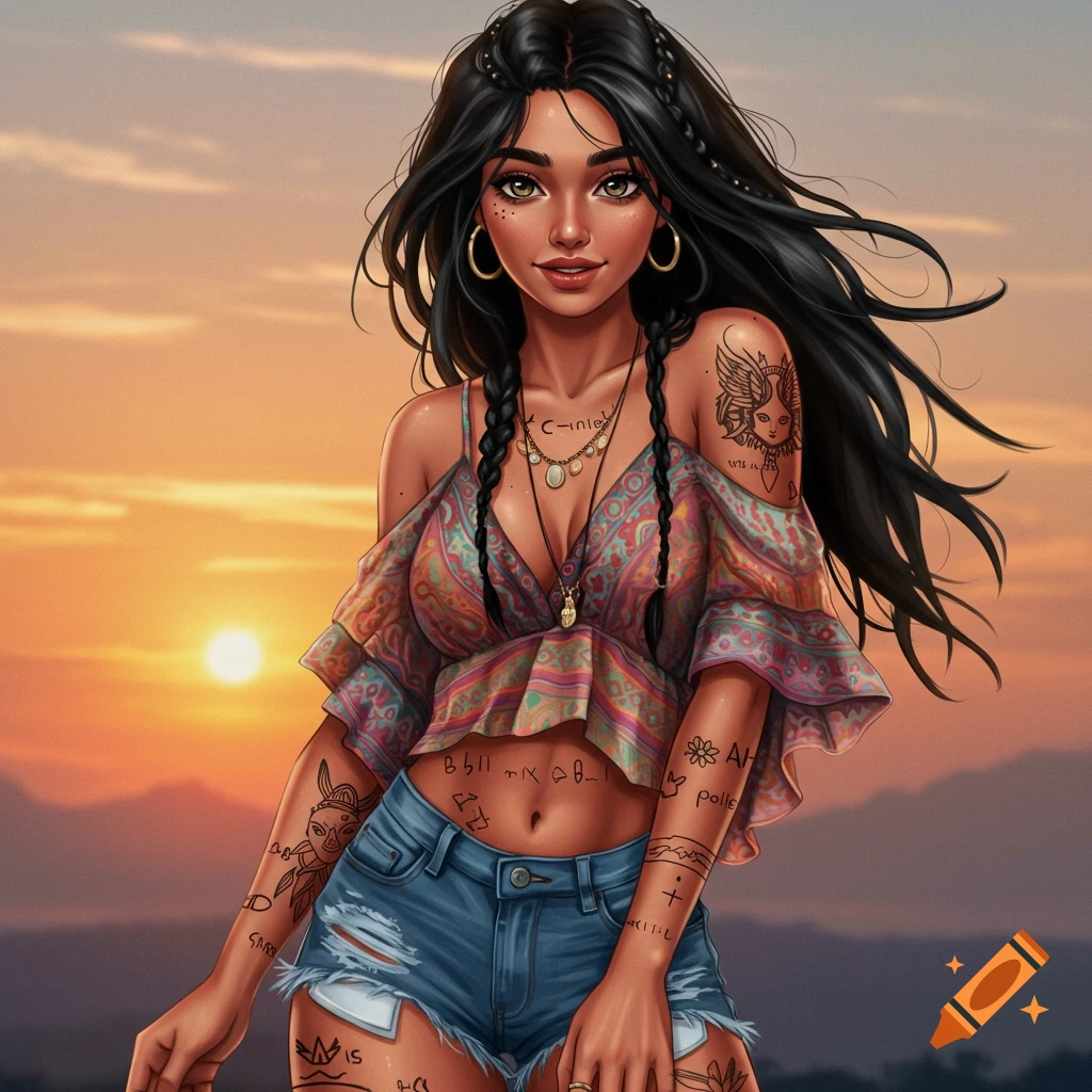 A woman with braided black hair and tattoos wears a colorful boho top and cut-off shorts at sunset.