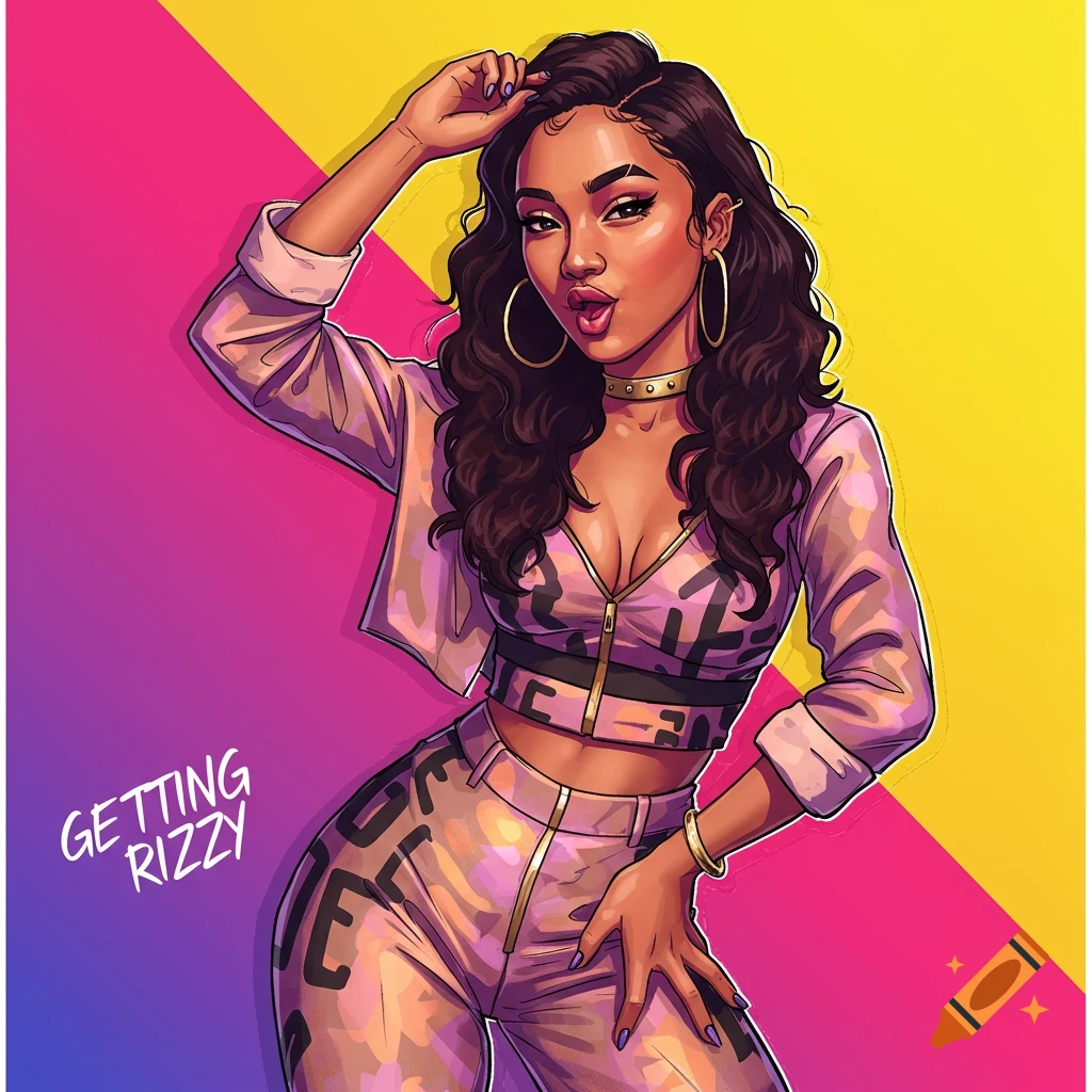 Digital art portrait of a woman in a pink and purple tracksuit posing against a pink and yellow background with text.
