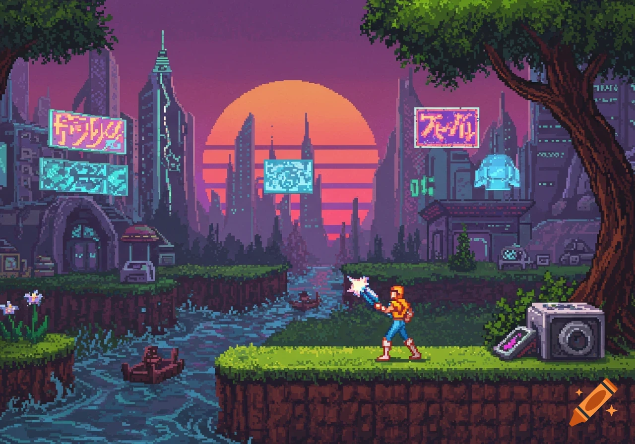 Pixel art of a character fighting on a riverbank in a retro cyberpunk city at sunset.