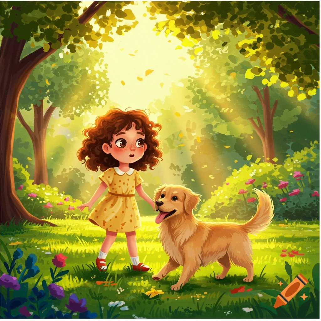 Whimsical depiction of a young girl and a golden retriever walking in a sunny park.