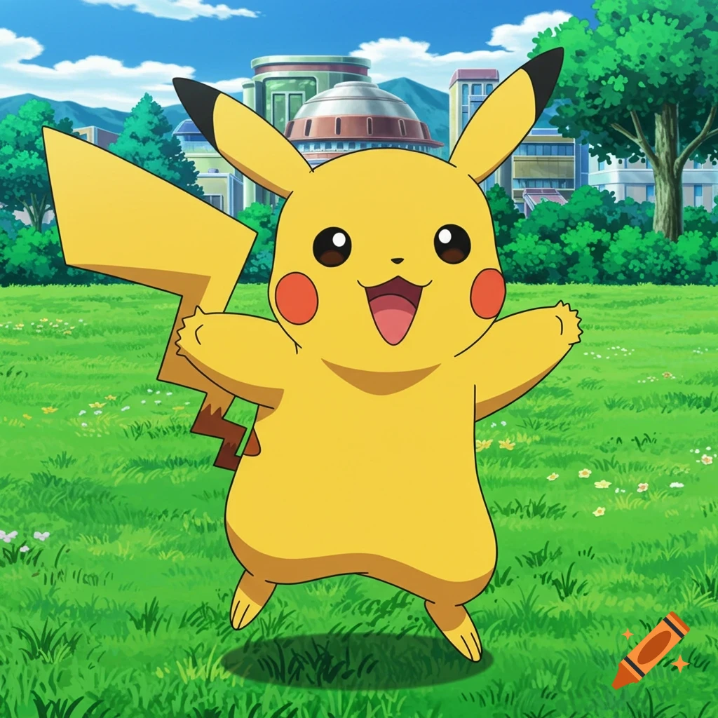 An anime drawing of Pikachu standing in a grassy field.