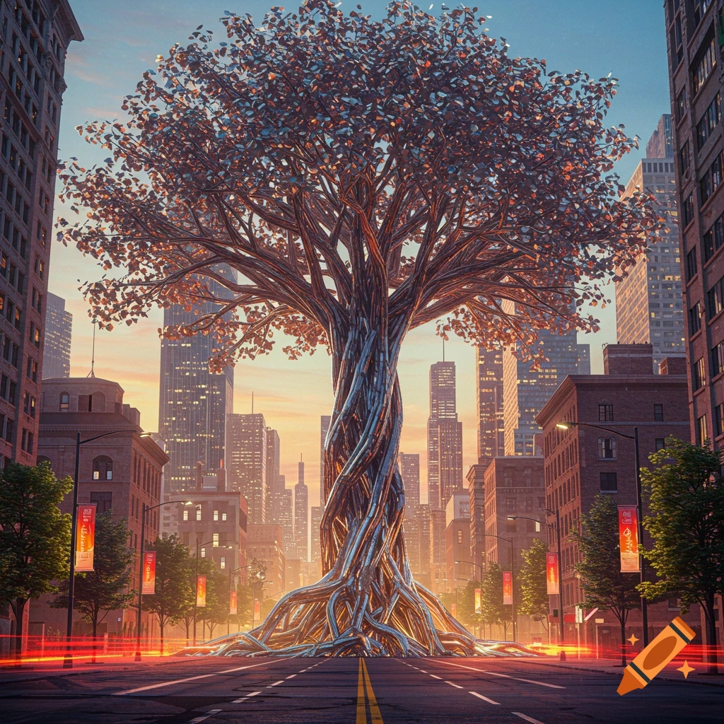 A massive metal tree with sprawling roots in the middle of a city street at sunset, surrounded by tall buildings.