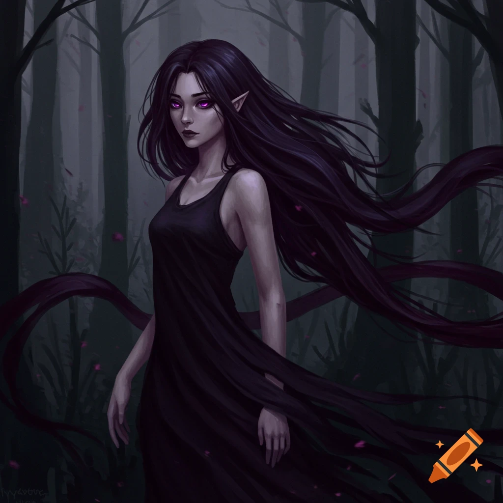 A dark fantasy woman with long dark hair and purple eyes stands in a forest.