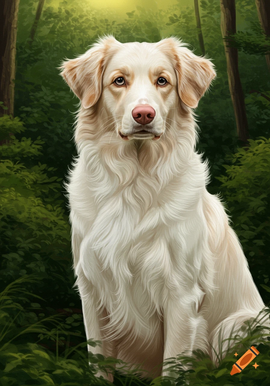 A light-colored dog sitting in a forest.