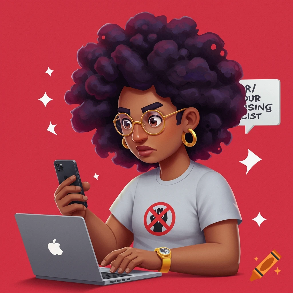 A stylized cartoon illustration of a young woman with large curly hair and glasses, looking at her phone while sitting at a laptop. She wears a shirt with a 'no fist' symbol and a yellow watch. A speech bubble contains garbled text.