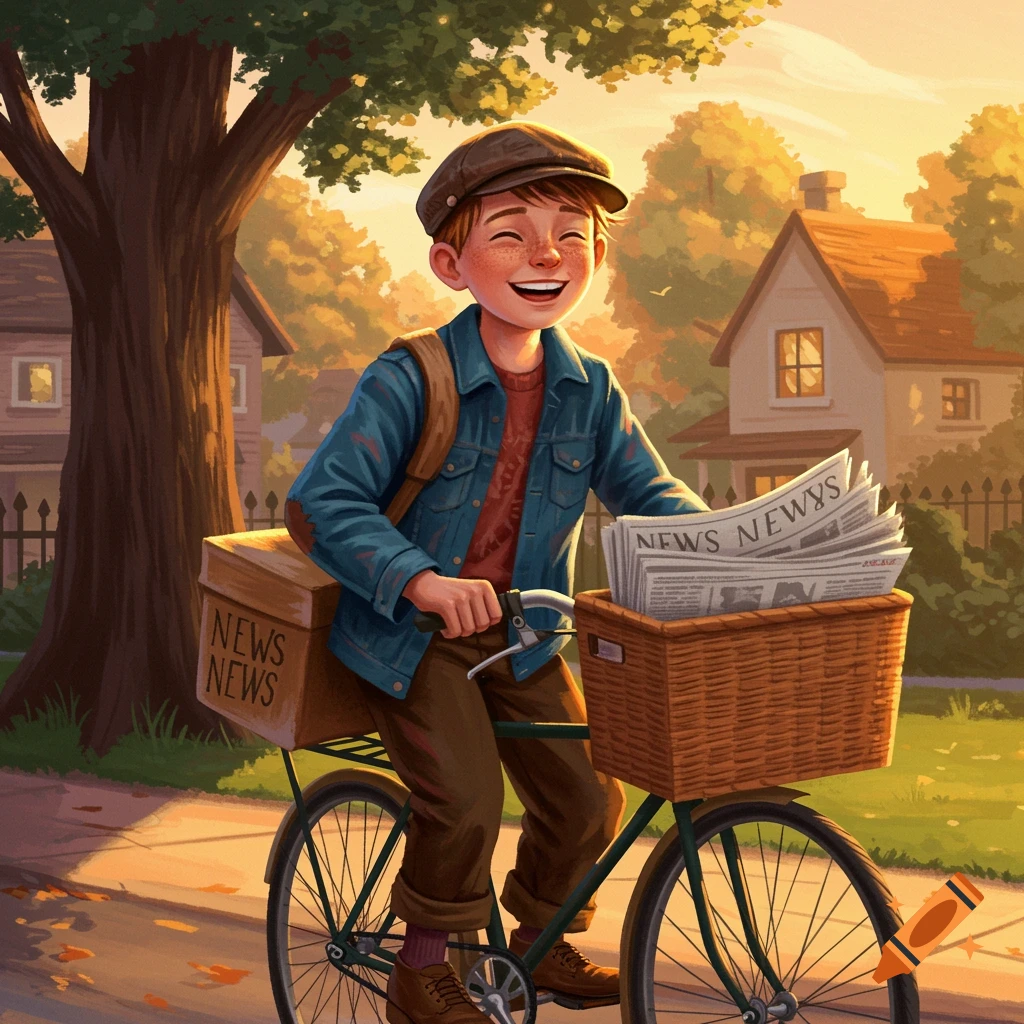 Smiling newsboy on a vintage bicycle, delivering papers in a sunny, tree-lined neighborhood.
