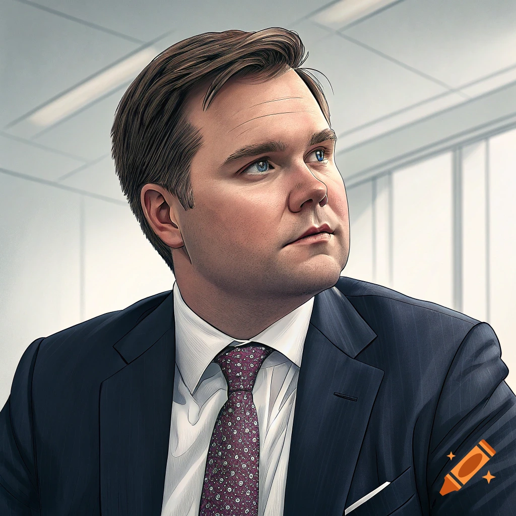 A stylized portrait of a man in a suit looking upwards, with a bright office background.