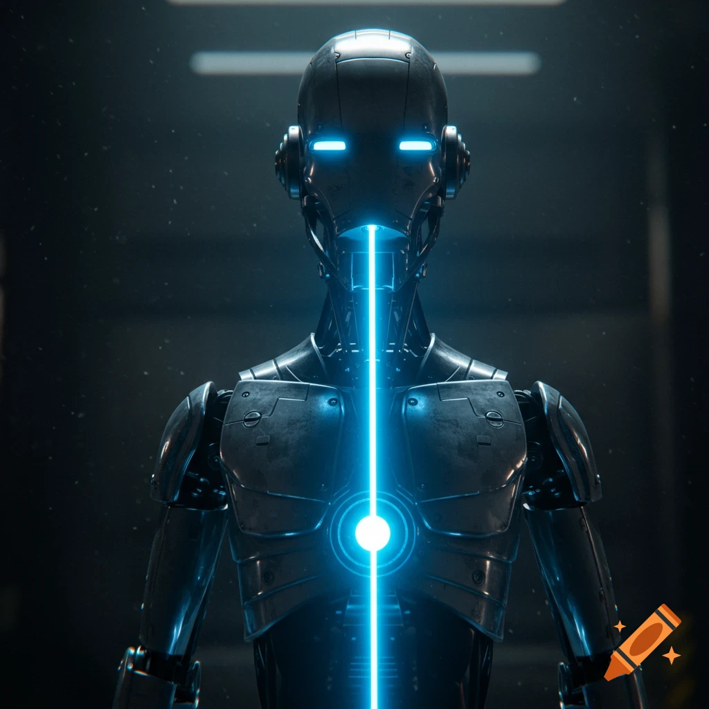 Close-up of a dark metallic robot with glowing blue eyes and chest beam in a dark room.
