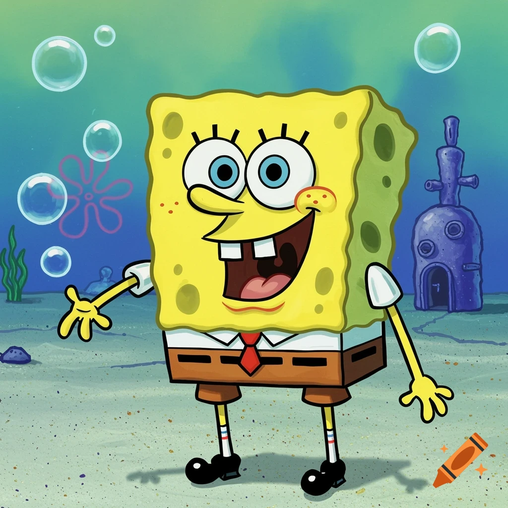 Cartoon of Spongebob SquarePants smiling in Bikini Bottom.