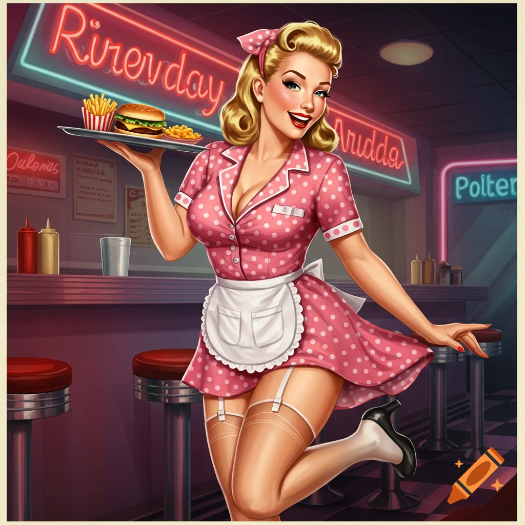 Blonde pinup waitress in a pink polka dot dress holding a tray with food in a diner.