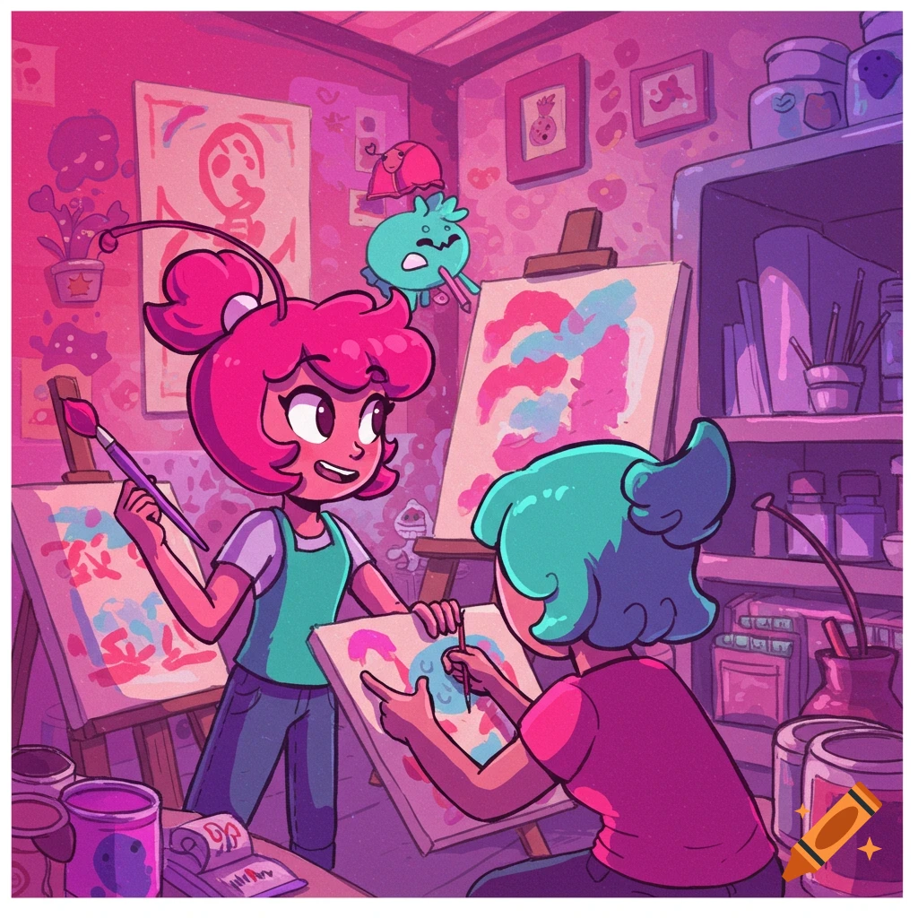 Two cartoon characters paint on easels in a colorful art studio.