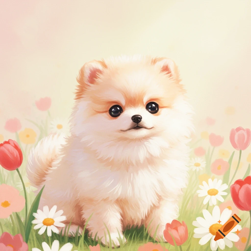 A cute fluffy dog sits in a field of flowers.
