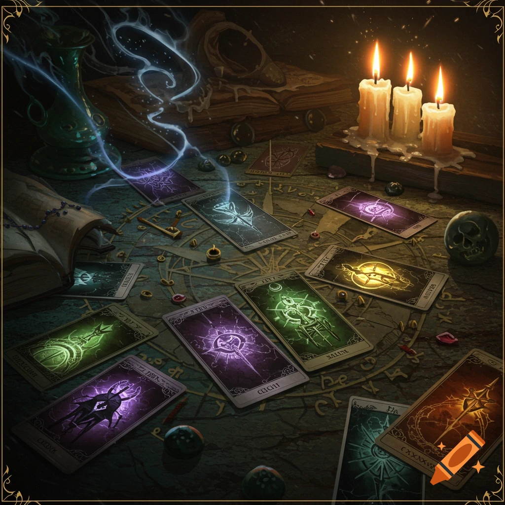 A table is covered with tarot cards, candles, books, and magical items.