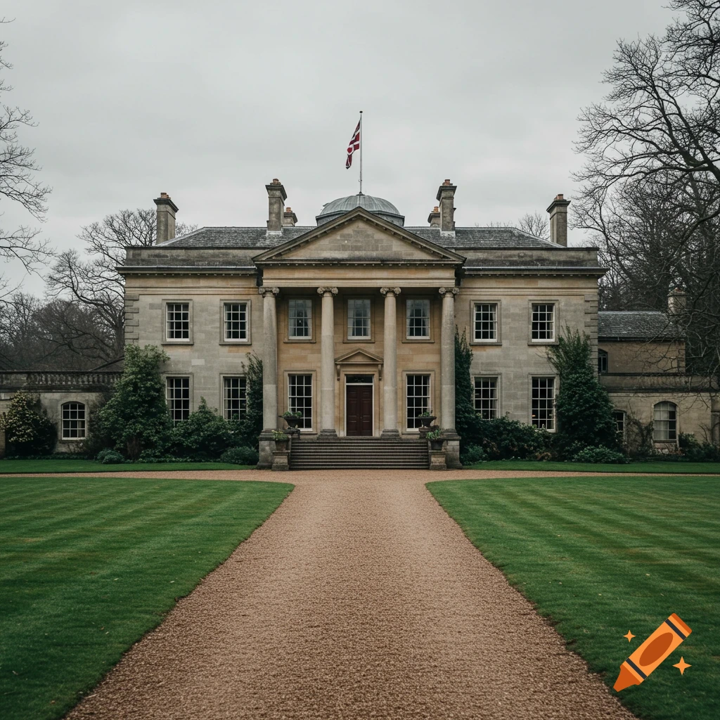 A large neoclassical mansion with columns, a gravel path, and lawns on an overcast day.