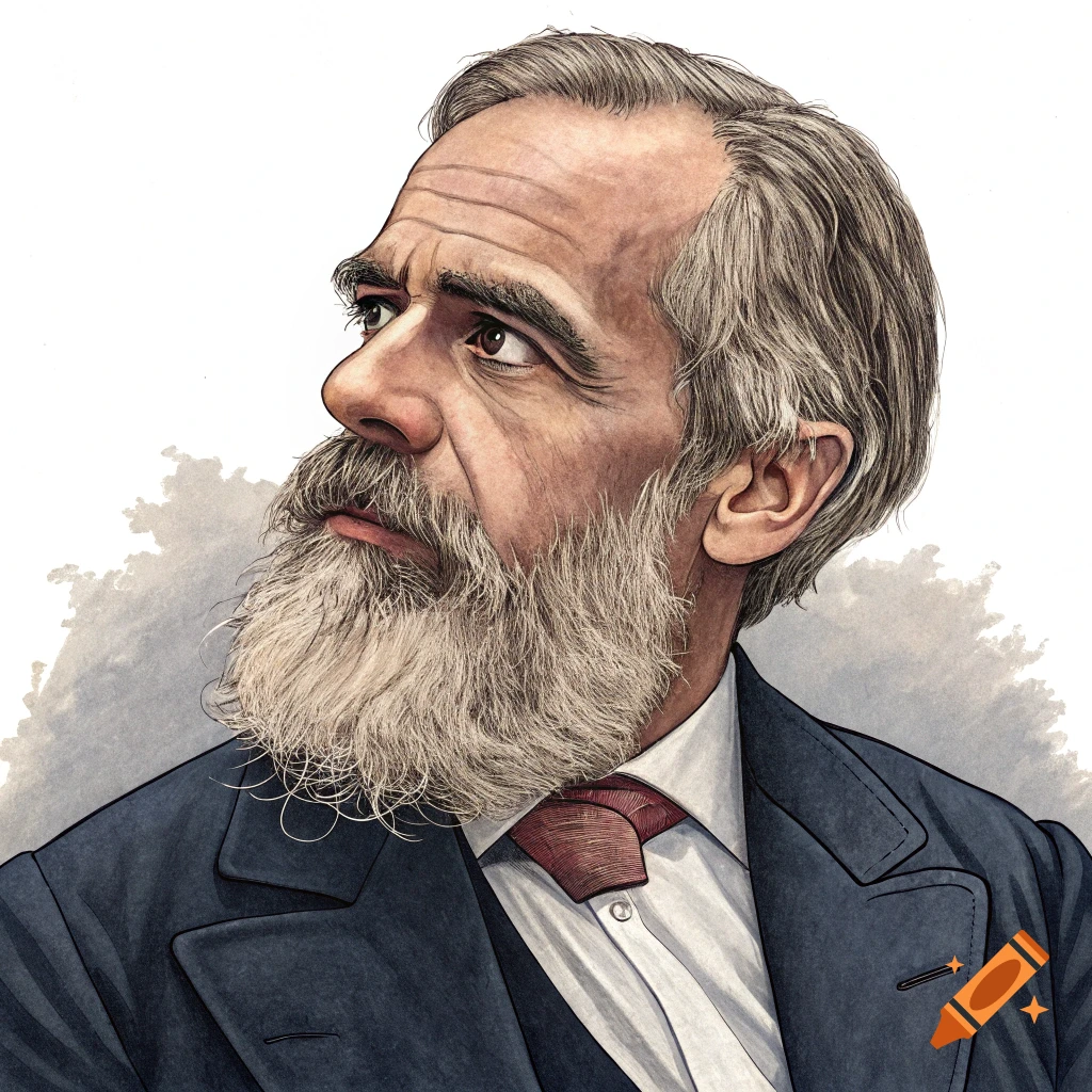 Illustration of a man resembling Karl Marx, with a beard, suit, and tie, looking left.