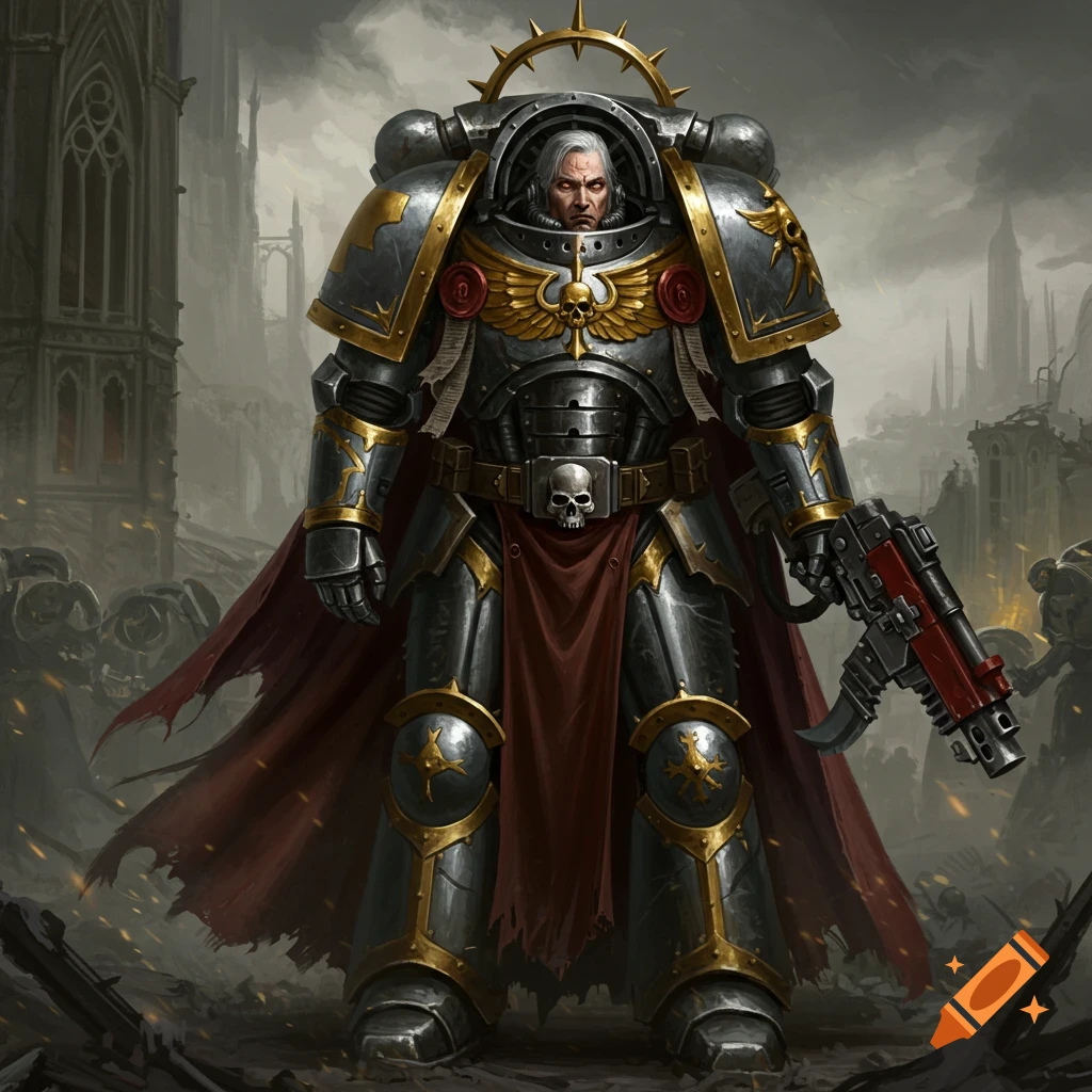 A Warhammer 40k Space Marine in Terminator armor with silver plates and gold trim stands in a ruined city.