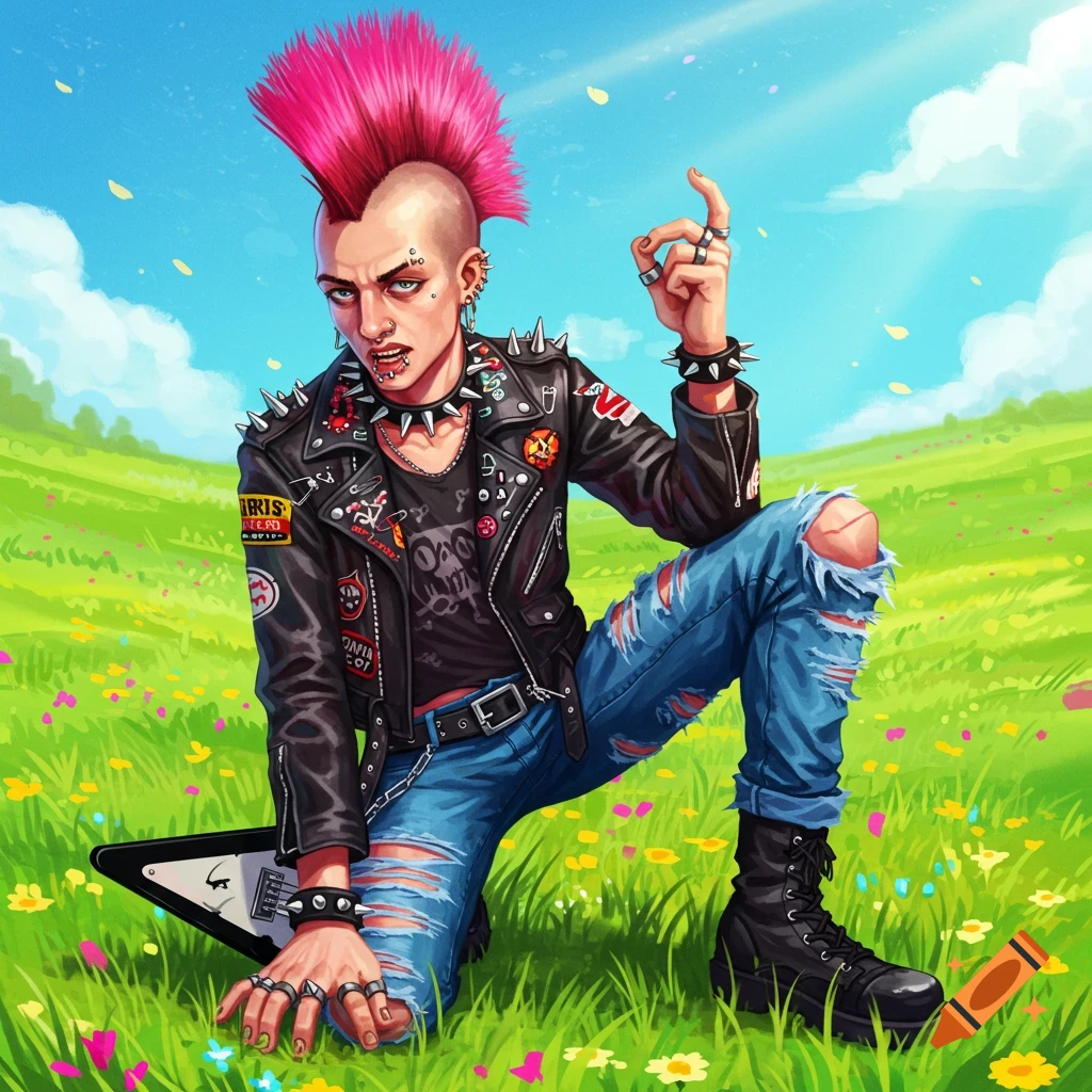 A punk person with a pink mohawk kneels in a sunny field with flowers, holding a guitar neck.