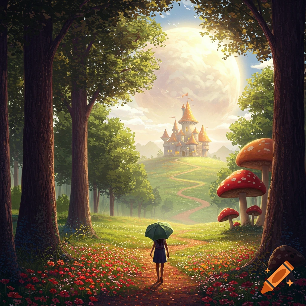 A person walks on a path through a fantasy forest with giant mushrooms towards a castle under a large moon.