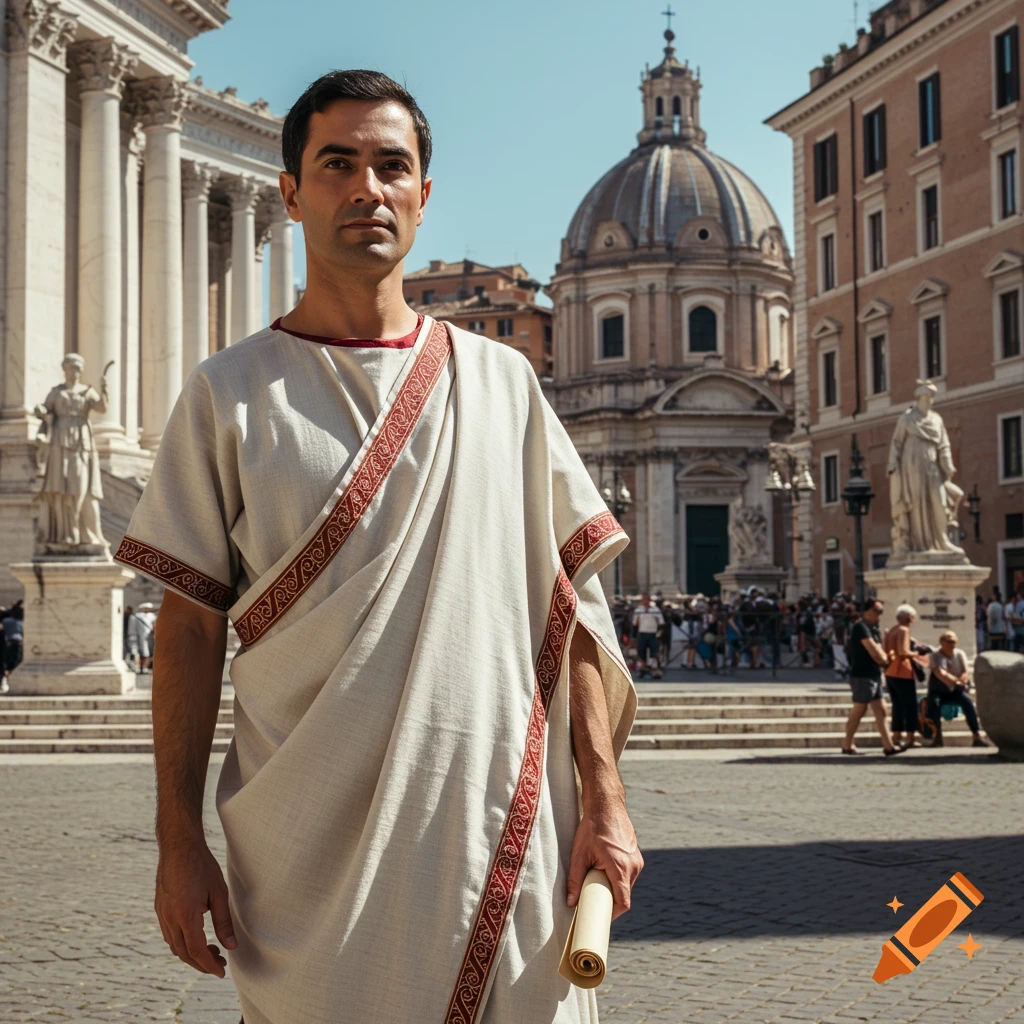 Man in a Roman toga holding a scroll in a sunny historical square.