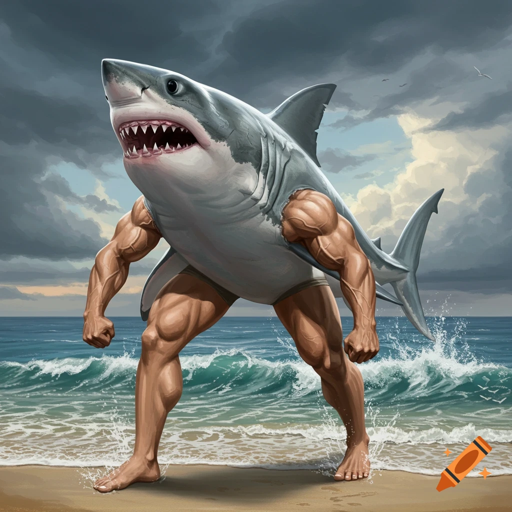 A muscular shark with human legs stands on a beach