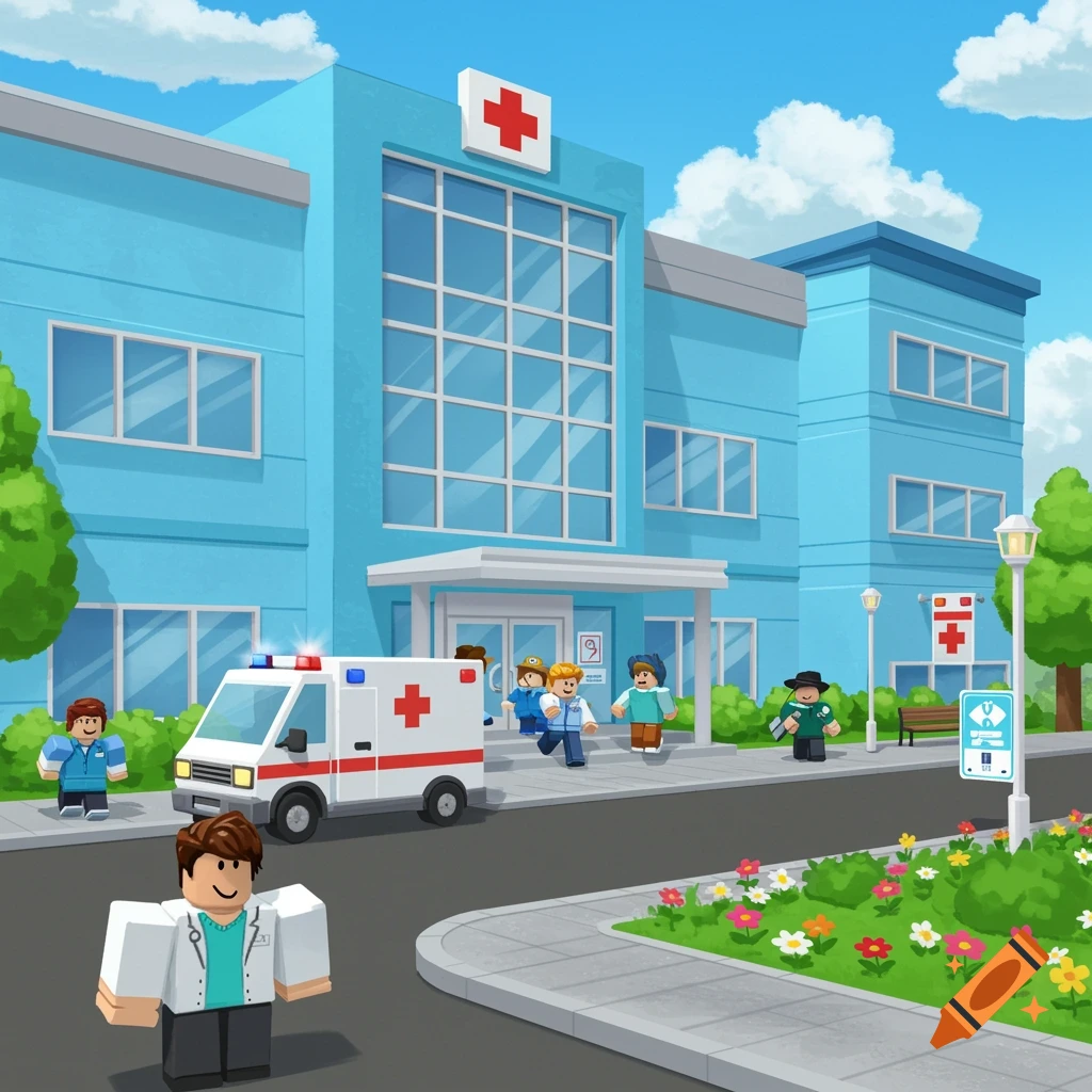 Cartoon Roblox hospital with ambulance and characters.