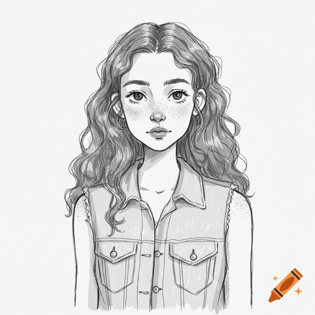 Black and white pencil sketch of a girl with freckles, wavy hair, and a sleeveless jean jacket.
