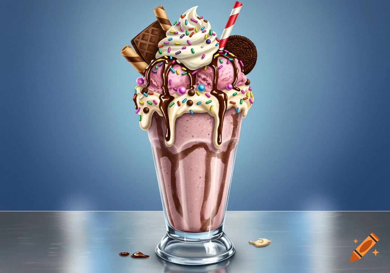 A pink milkshake with chocolate syrup, whipped cream, sprinkles, a cookie, and wafer sticks.